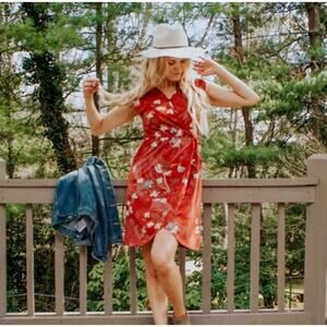 Aventura Organic Cotton Faux Wrap Dress Red Floral Large